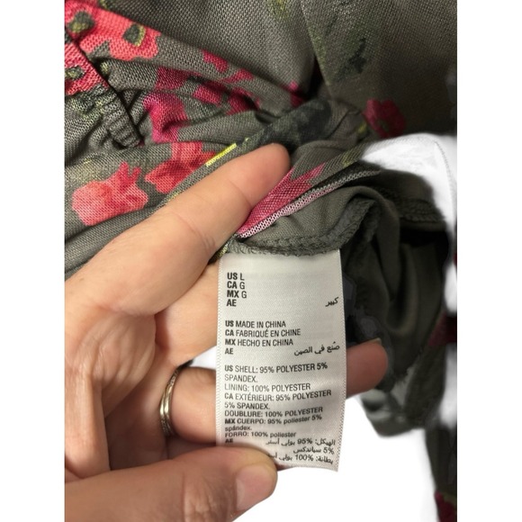 Bar III Women's Olive Green Floral Mesh‎ Square Neck Ruched Long Sleeve Top L - Picture 3 of 5